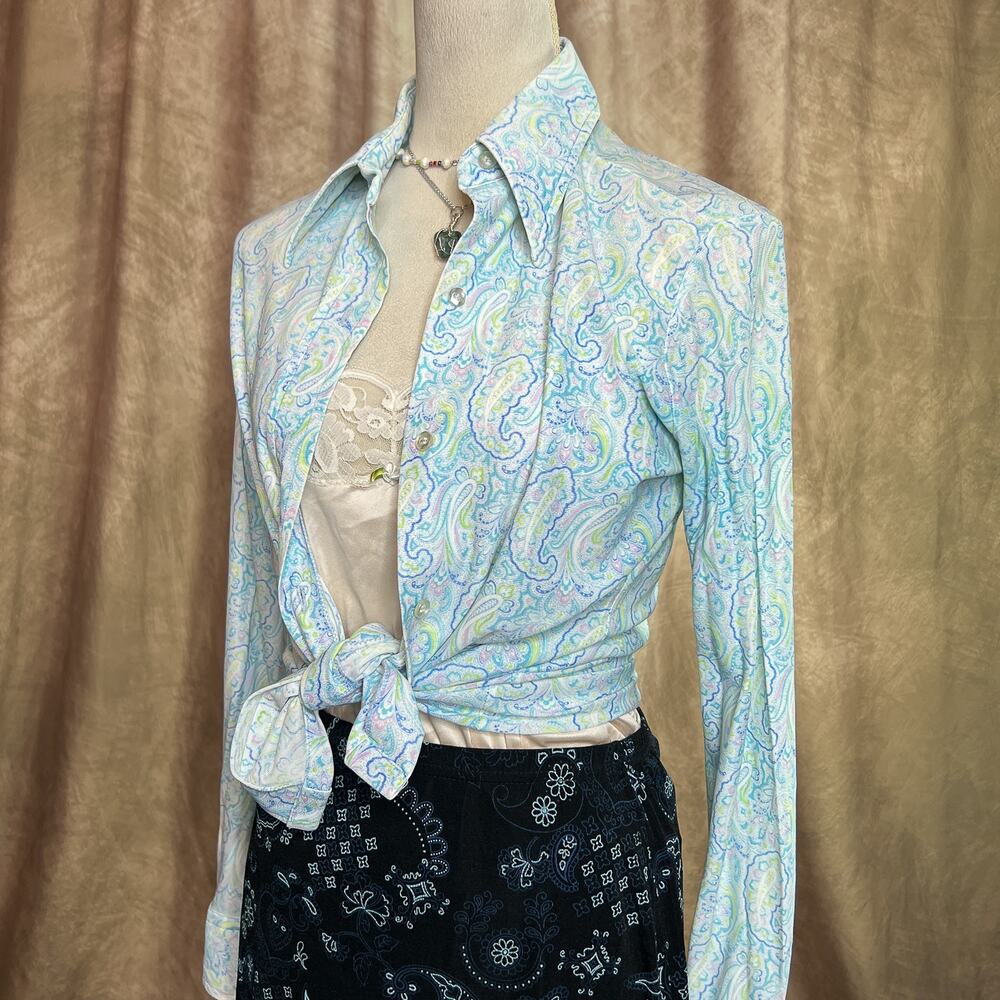 Vintage Paisley Shirt 70s Dagger Collar Button Up Blue Disco Hippie Psychedelic
